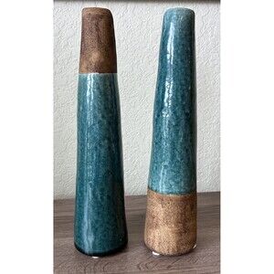 Set Of Ceramic Vases, Teal  Crackle Glaze Raw Textured Stoneware Base, 11 Inches